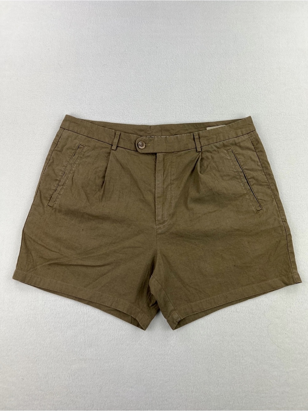 Bonobos Mens Olive Green Pleated Chino Shorts Linen Clotting Blend 5” Size 36